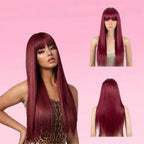 Straight Human Hair Wig Burgundy Put On and Go