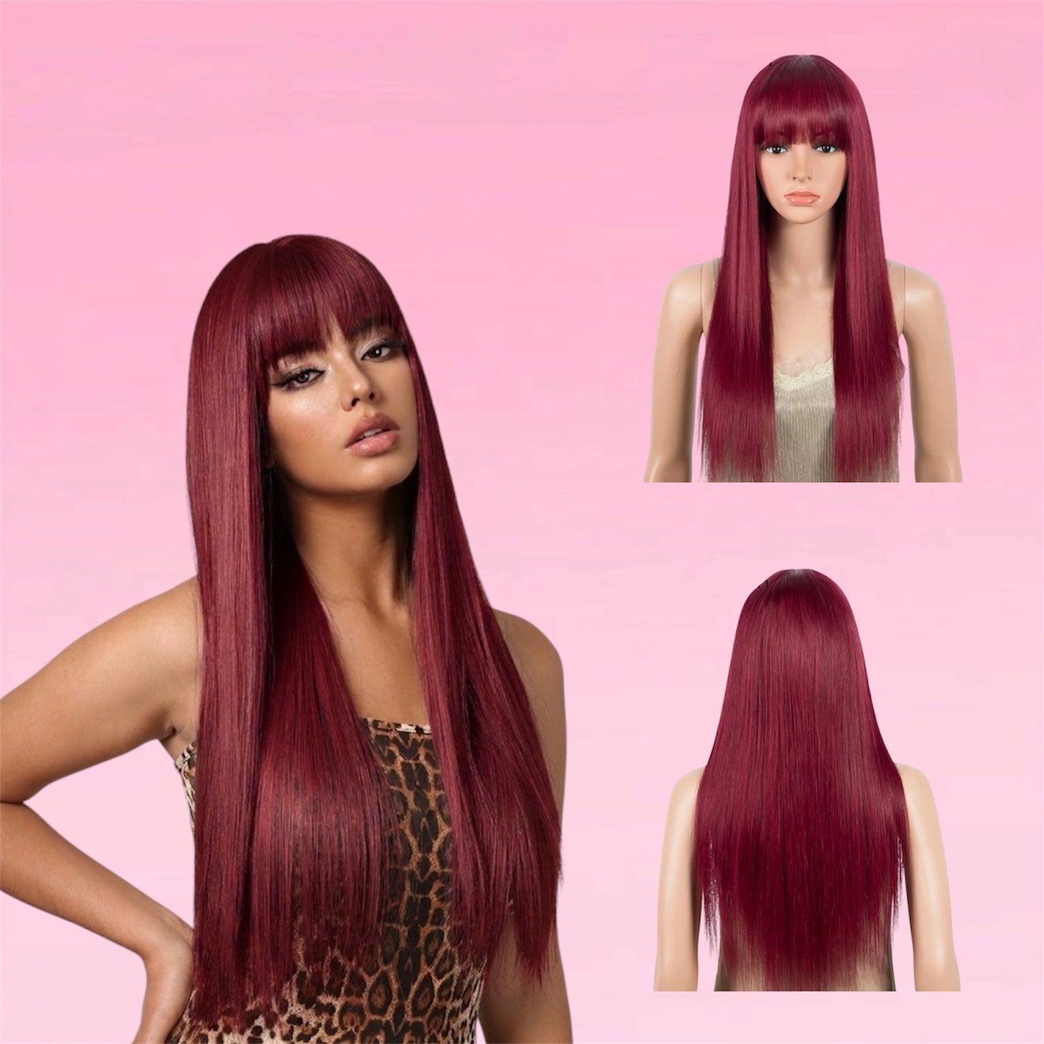 Straight Human Hair Wig Burgundy Put On and Go
