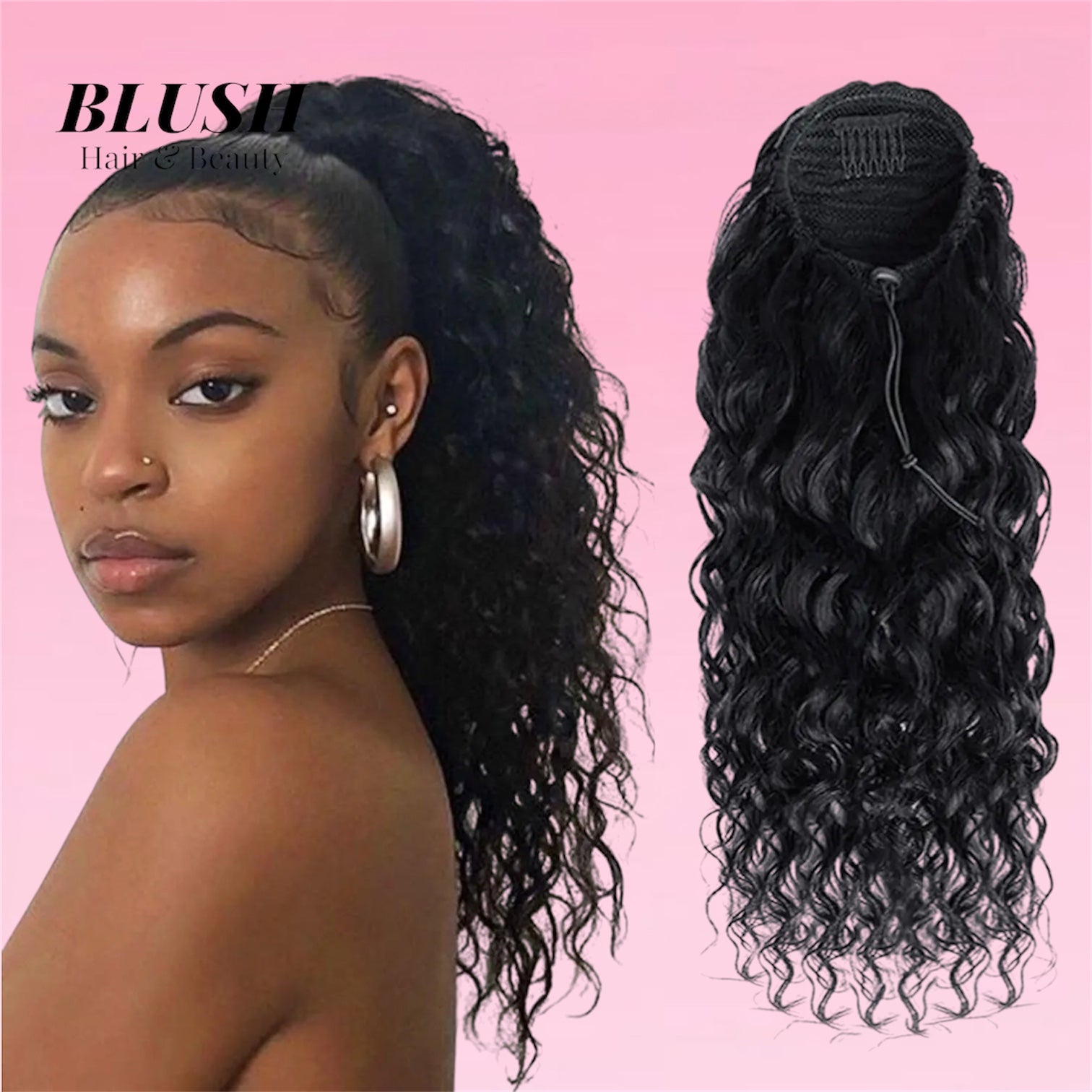 Deep Water Wave Drawstring Ponytail Human Hair Natural Black