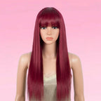 Straight Human Hair Wig Burgundy Put On and Go