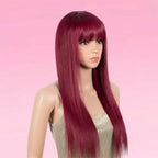 Straight Human Hair Wig Burgundy Put On and Go