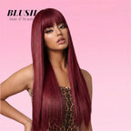 Straight Human Hair Wig Burgundy Put On and Go
