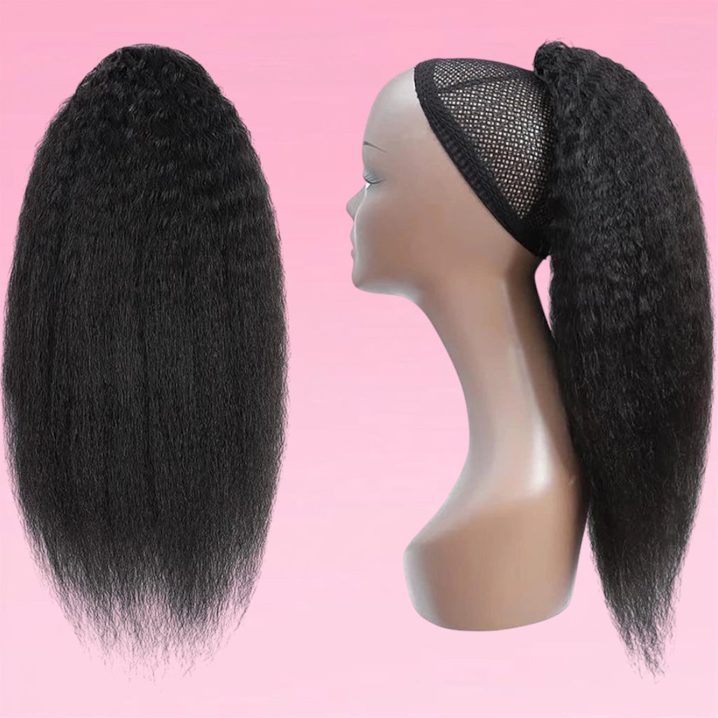Kinky Straight Drawstring Ponytail Human Hair Natural Black