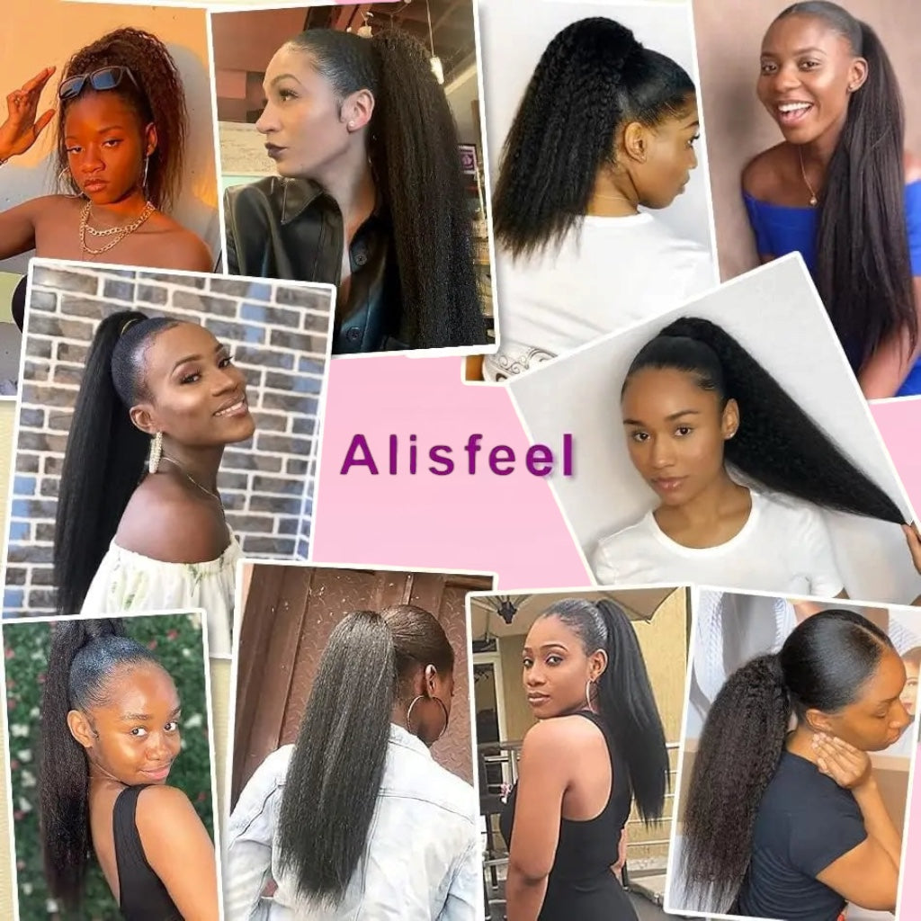Kinky Straight Drawstring Ponytail Human Hair Natural Black